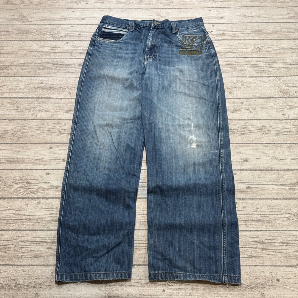 Y2K Karl Kani Jeans Men's 34x31 Blue Denim Wide Leg Baggy Embroidered Hip Hop